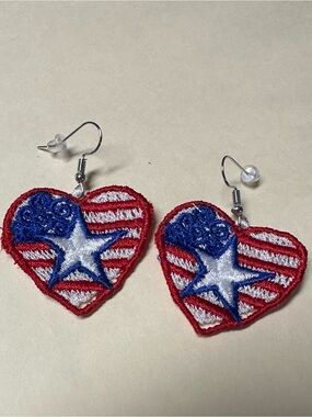 Patriotic Heart Star Dangle Earrings in Red, White & Blue